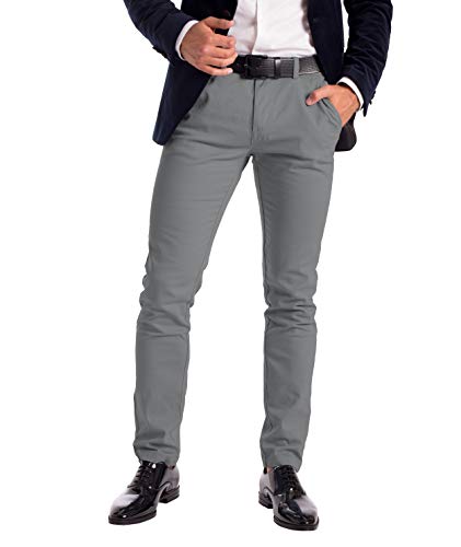 Mens Stretch Chino Trousers Designer Slim Fit Jeans Pant Cotton Spandex Bottom (Grey, 32 Waist x 32 Length)