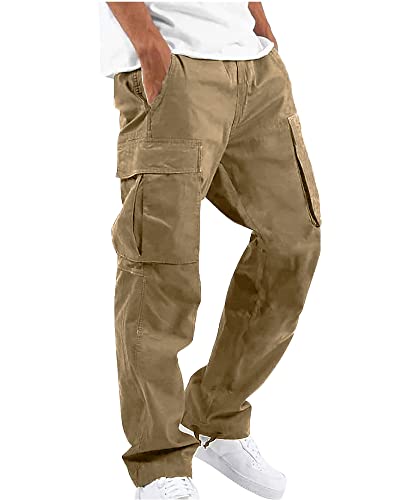 YAOHUOLE Men's Cotton Cargo Trousers Lounge Lightweight Work Pants Casual Cargo Pants Drawstring Khaki XL
