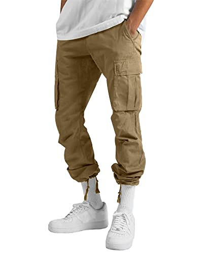 YAOHUOLE Men's Cotton Cargo Trousers Lounge Lightweight Work Pants Casual Cargo Pants Drawstring Khaki XL