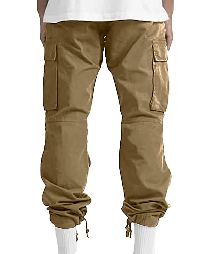 YAOHUOLE Men's Cotton Cargo Trousers Lounge Lightweight Work Pants Casual Cargo Pants Drawstring Khaki XL