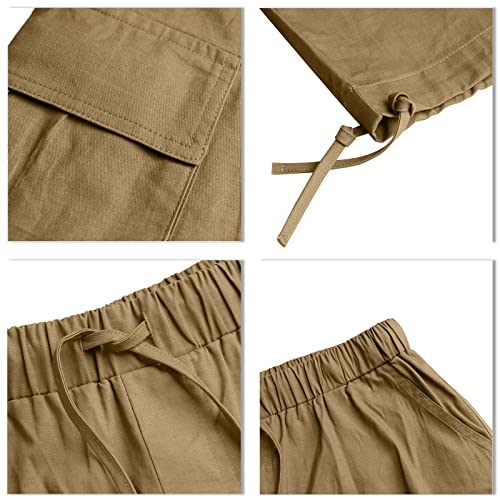 YAOHUOLE Men's Cotton Cargo Trousers Lounge Lightweight Work Pants Casual Cargo Pants Drawstring Khaki XL