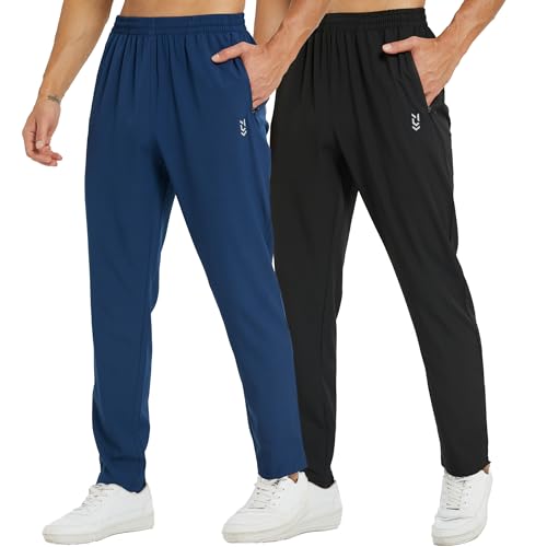 frueo 2 Pack Tracksuit Bottoms Men Lightweigt Jogging Trousers with Zipper Pockets Work Joogers Fit Sport Casual Sweatpants for Running Gym Training(0601) Black Navy-L