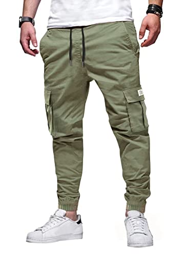 Elegancity Mens Cargo Trousers Casual Jogger Work Pants Regular Fit Drawstring Sweatpants Sports Bottoms with Pockets (Green, 42)