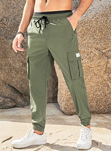 Elegancity Mens Cargo Trousers Casual Jogger Work Pants Regular Fit Drawstring Sweatpants Sports Bottoms with Pockets (Green, 42)