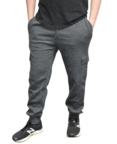 True Face Mens Trouser Fleece Sweatpants Cargo Combat Joggers Multi Pockets Elasticated Ribbed Sports Running Fitness Gym Jogging Bottoms Charcoal Ribbed L