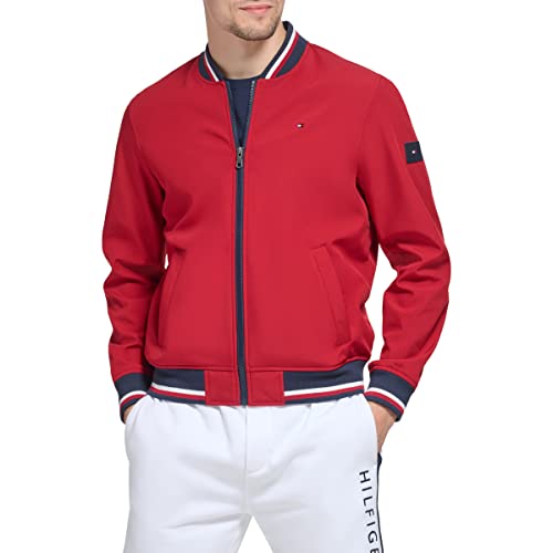 Tommy Hilfiger Men's Lightweight Varsity Rib Knit Bomber Jacket Shell, Red, L