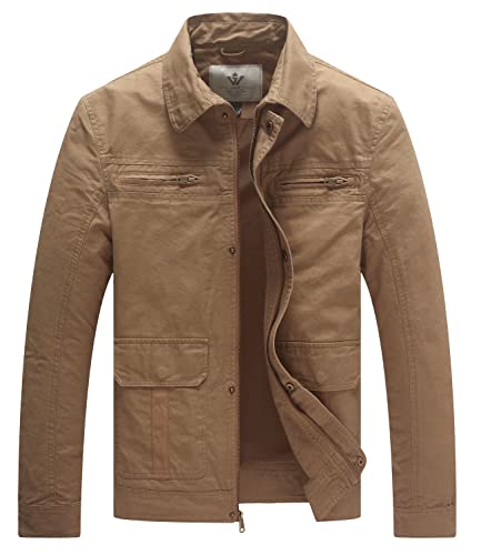 WenVen Men's Lapel Jacket Harrington Jacket Outdoor Windproof Jackets Casual Cotton Coat Classic Full-Zip Jacket Khaki L
