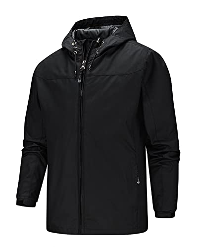MakingDa Men's Waterproof Jacket Hooded Windbreaker Casual Outdoor Windproof Comfy Hoodies Coat with Zip Pockets-Black-3XL