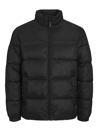 JACK & JONES Mens Puffer Jacket Windproof Full Zip Stand up Collar Long Sleeve Jackets for Men, Black Colour, Size- XL