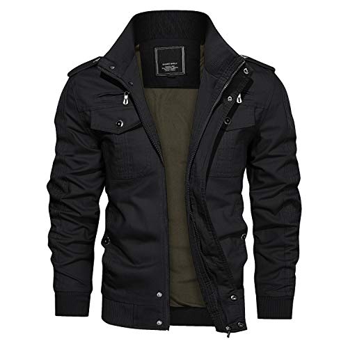 KEFITEVD Bomber Jackets Men Casual Cargo Military Motorbike Jacket Air Force Multi Pocket Coat Cotton Black, XL