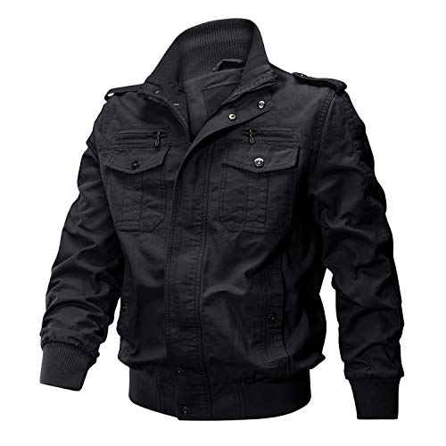 KEFITEVD Bomber Jackets Men Casual Cargo Military Motorbike Jacket Air Force Multi Pocket Coat Cotton Black, XL