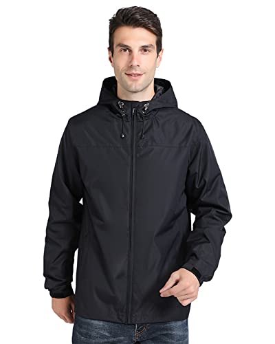 MakingDa Men's Waterproof Jacket Hooded Windbreaker Casual Outdoor Windproof Comfy Hoodies Coat with Zip Pockets-Black-3XL