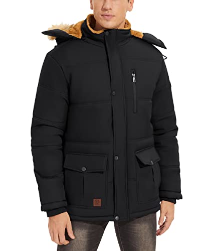 MAGCOMSEN Mens Puffer Jacket with Hood Parka Coat Long Jackets for Men Winter Thermal Thick Jackets with Fleece Lined Snow Coats Outdoor Hiking Camping Fishing Jackets with Zip Pockets, Black