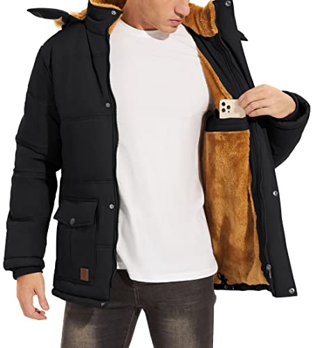 MAGCOMSEN Mens Puffer Jacket with Hood Parka Coat Long Jackets for Men Winter Thermal Thick Jackets with Fleece Lined Snow Coats Outdoor Hiking Camping Fishing Jackets with Zip Pockets, Black