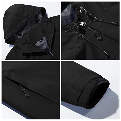MakingDa Men's Waterproof Jacket Hooded Windbreaker Casual Outdoor Windproof Comfy Hoodies Coat with Zip Pockets-Black-3XL