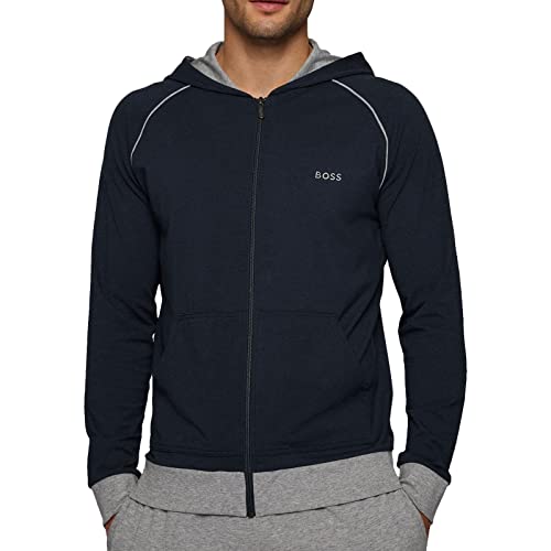 BOSS Mens Mix&Match Jacket H Stretch-Cotton Hooded Jacket with Logo and Piping Blue