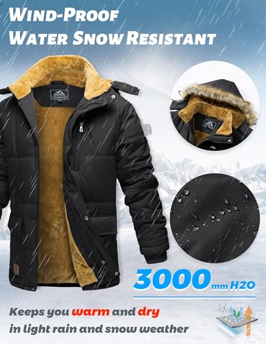 MAGCOMSEN Mens Puffer Jacket with Hood Parka Coat Long Jackets for Men Winter Thermal Thick Jackets with Fleece Lined Snow Coats Outdoor Hiking Camping Fishing Jackets with Zip Pockets, Black