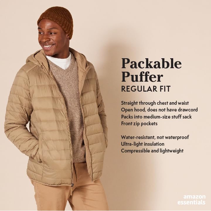 Amazon Essentials Men's Lightweight Water-Resistant Packable Hooded Puffer Jacket, Black, S