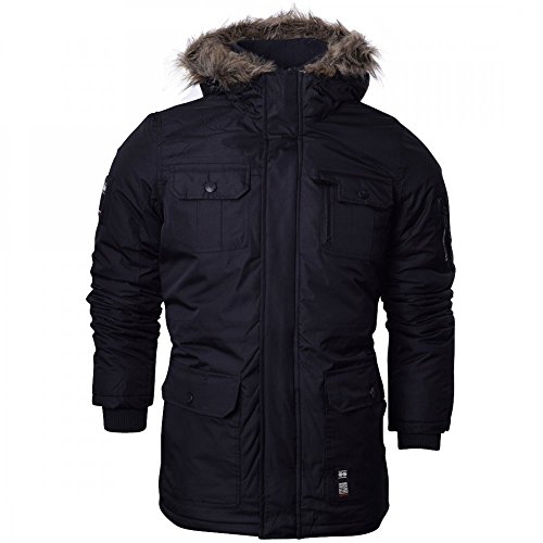 Crosshatch Mens Heavy Weight Fur Hood 'Parked' Parka Padded Waterproof Winter Coat Jacket - X Large - Solid Black