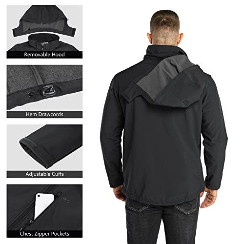 33,000ft Men's Waterproof Jackets Fleece Lining Softshell Jacket - Multi Pockets Outdoor Windproof Coat With Detachable Hood Black L