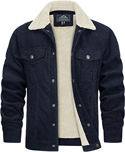 TACVASEN Mens Cotton Jacket Warm Fleece Lined Jacket Trucker Jacket for Men Winter Thicken Casual Coat with Pockets Navy