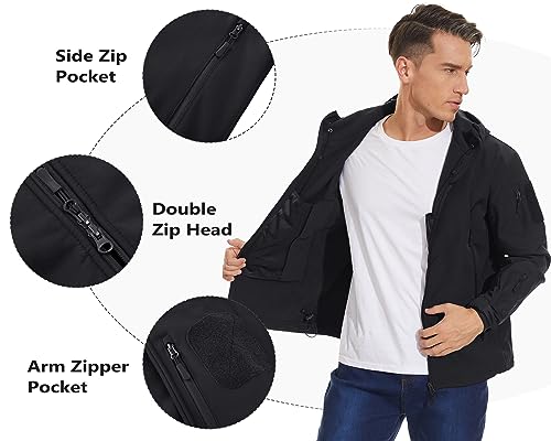 TACVASEN Winter Men's Jacket Black Military Jacket Waterproof Softshell Jacket Men Fleece Jacket with hood,Black,X-Large (fit your chest 41")