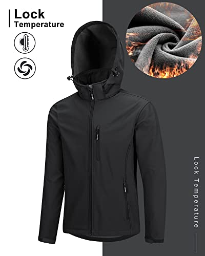 33,000ft Men's Waterproof Jackets Fleece Lining Softshell Jacket - Multi Pockets Outdoor Windproof Coat With Detachable Hood Black L