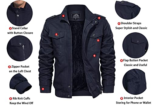 EKLENTSON Mens Casual Thicken Military Cotton Windbreaker Hiking Jacket Fleece Lined Winter Coat Army Green