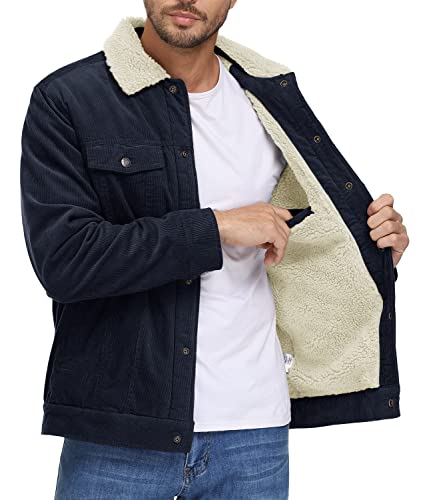 TACVASEN Mens Cotton Jacket Warm Fleece Lined Jacket Trucker Jacket for Men Winter Thicken Casual Coat with Pockets Navy