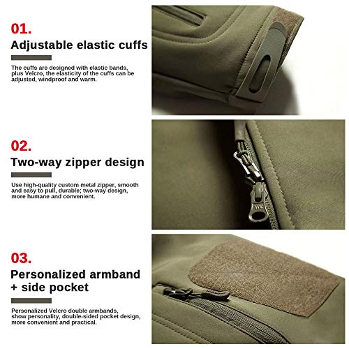 MakingDa Mens Waterproof Jackets Winter Casual Hooded Coat Softshell Fleece Warm Lined Multi Zipper Pockets Baggy Lightweight Running Jackets Breathable Tactical Traveling（Green，L）