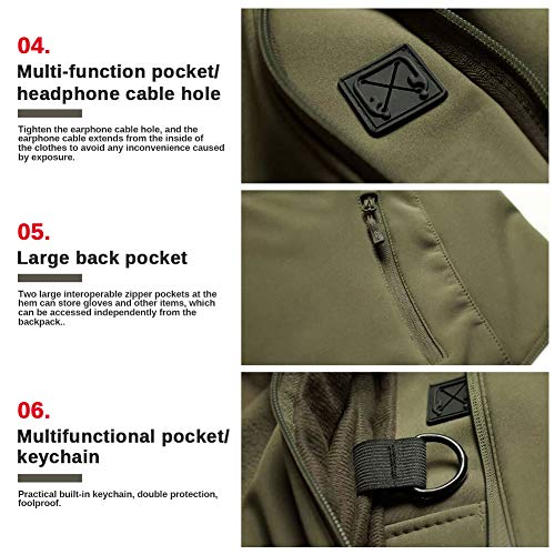 MakingDa Mens Waterproof Jackets Winter Casual Hooded Coat Softshell Fleece Warm Lined Multi Zipper Pockets Baggy Lightweight Running Jackets Breathable Tactical Traveling（Green，L）