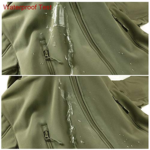 MakingDa Mens Waterproof Jackets Winter Casual Hooded Coat Softshell Fleece Warm Lined Multi Zipper Pockets Baggy Lightweight Running Jackets Breathable Tactical Traveling（Green，L）