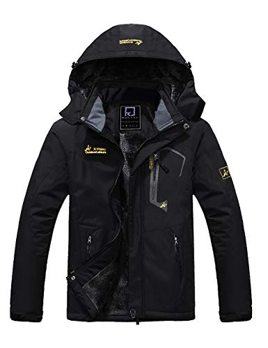 R RUNVEL Mens Waterproof Coats Winter Fleece Jackets Outdoor Warm Thermal Rain Jacket with Hood for Hiking Ski Walking Camping Mountain Working Fishing Hunting Black UK Large