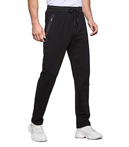 Tansozer Mens Joggers Slim Fit Jogging Bottoms Open Hem Gym Pants Cotton Tracksuit Trousers with Zip Pockets Black L