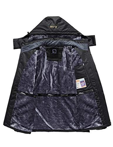R RUNVEL Mens Waterproof Coats Winter Fleece Jackets Outdoor Warm Thermal Rain Jacket with Hood for Hiking Ski Walking Camping Mountain Working Fishing Hunting Black UK Large