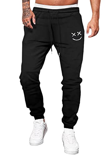Meilicloth Mens Tracksuit Bottoms Sweatpants Graphic Tapered Track Gym Running Joggers Sweat Pants Smiley Face Athletic Pants with Drawstring Black Large