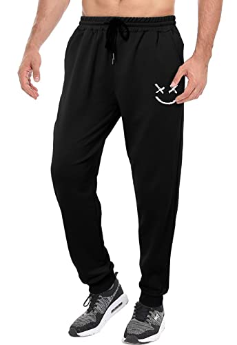 Meilicloth Mens Tracksuit Bottoms Sweatpants Graphic Tapered Track Gym Running Joggers Sweat Pants Smiley Face Athletic Pants with Drawstring Black Large