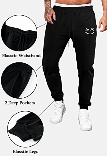 Meilicloth Mens Tracksuit Bottoms Sweatpants Graphic Tapered Track Gym Running Joggers Sweat Pants Smiley Face Athletic Pants with Drawstring Black Large