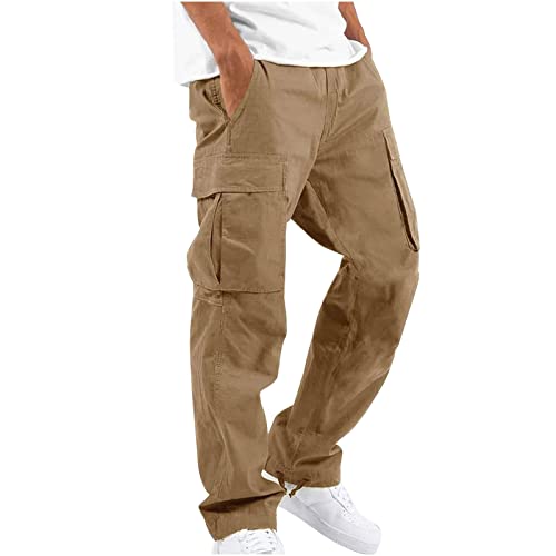 AMhomely Men's Wild Cargo Pants Relaxed Fit Leg Cargo Casual Pants Straight-Fit Stretch Sweatpants Slim-Fit Vintage Comfort Trousers Gym Workout Track Pants Tapered Sweatpants w/ Pockets, Khaki, L