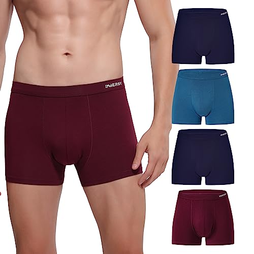 INNERSY Mens Boxer Shorts Smooth Underpants Breathable Pants Underwear Invisible Trunks 4 Pack (L, Wine/Blue/2 Navy)