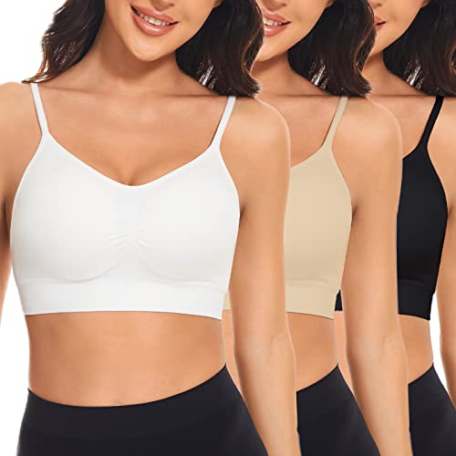 SIMIYA Sports Bra for Women Super Comfort Bras Adjustable Strap Bralette Removable Pads Sleep Bras for Girls in Yoga Leisure Stretch Crop Tops Vest(M, Black+Nude+White)