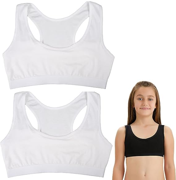 UICCVOKK 2 Pack Sports Bra for Girls, First Bra for Girls 9-14 Years Sports Training Seamless Girls Bras Teenage Bra Top Non Padded Cotton Crop Tops, Black White
