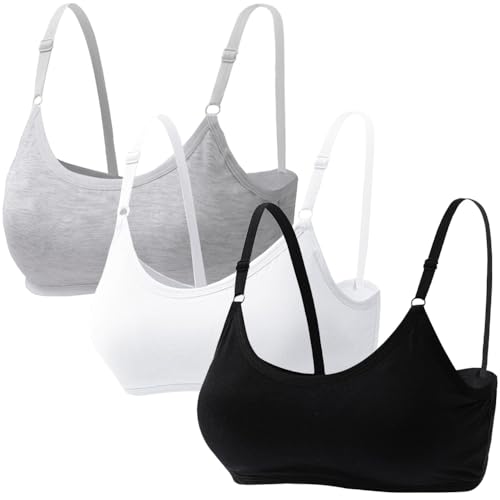 Teenagers Girl Bra Cotton Soft Starter Sports Underwear Training Vest Tops Breathable Lingerie Bralettes with Adjustable Straps for 10-16 Years - Pack 3