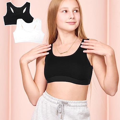 UICCVOKK 2 Pack Sports Bra for Girls, First Bra for Girls 9-14 Years Sports Training Seamless Girls Bras Teenage Bra Top Non Padded Cotton Crop Tops, Black White