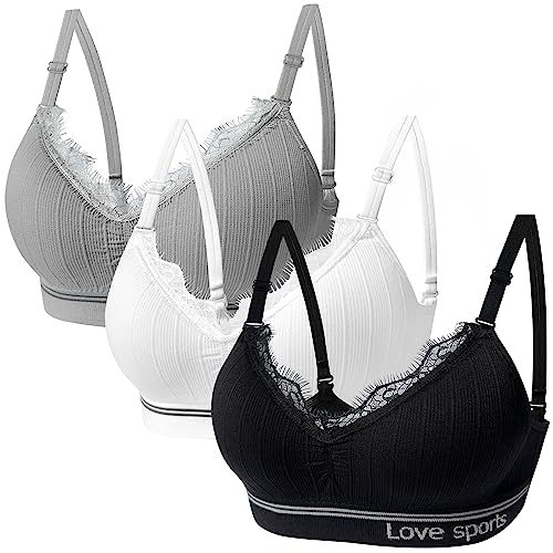 Bysion Young Girls Bras 3 Pack Teenage Underwear Wireless Sports Bra Seamless High Strench Lingerie Support Bralettes with Adjustable Shoulder Straps