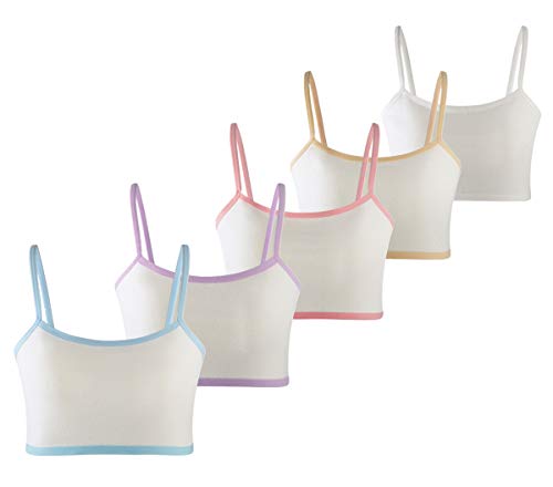 MANJIAMEI 5Pcs Training Bra for Girls 10-12 Cotton Cami Crop Bralette Sports Bras for Kids, 5 Colors, Medium