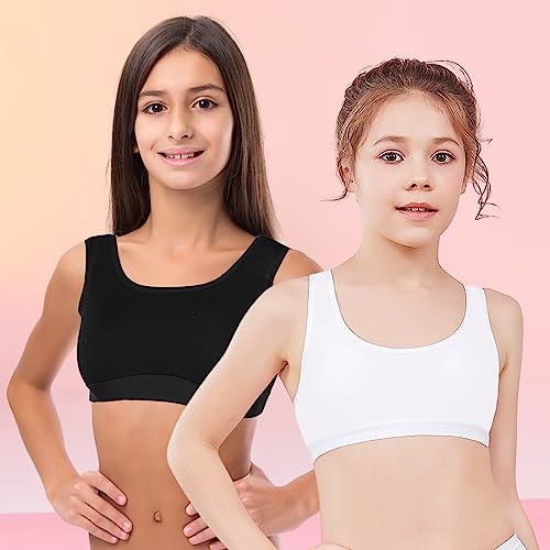 UICCVOKK 2 Pack Sports Bra for Girls, First Bra for Girls 9-14 Years Sports Training Seamless Girls Bras Teenage Bra Top Non Padded Cotton Crop Tops, Black White