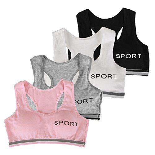 Petalum Super Comfort Girls' Wireless Sports Bras Bralette Bustier Sleep Bras for Girls in Yoga Kids Fitness Cotton Crop Tops Vest Running with Built Up Straps (Pack of 4)