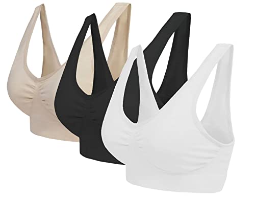 PBE 3 Pack Girls Back to School Seamless Training Bra Multicoloured Girls Sports Bra Wide Strap Top for 8-14 Years Black/White/Beige