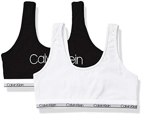 Calvin Klein Girls' Kids Modern Cotton Bralette, Multipack & Single Training Bra, 2 Pack-Black with Logo, White, Large